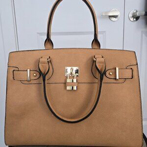 Neiman Marcus Dasein Women Brown Vegan Leather Lock Style Top Handle Bag